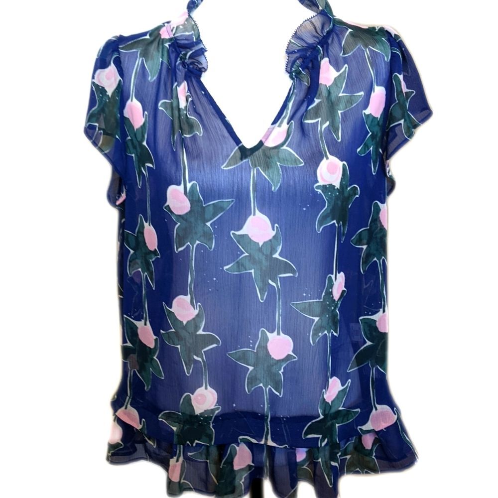 Elle sheer blue blouse, pink & green floral, v-neck with ruffles, M